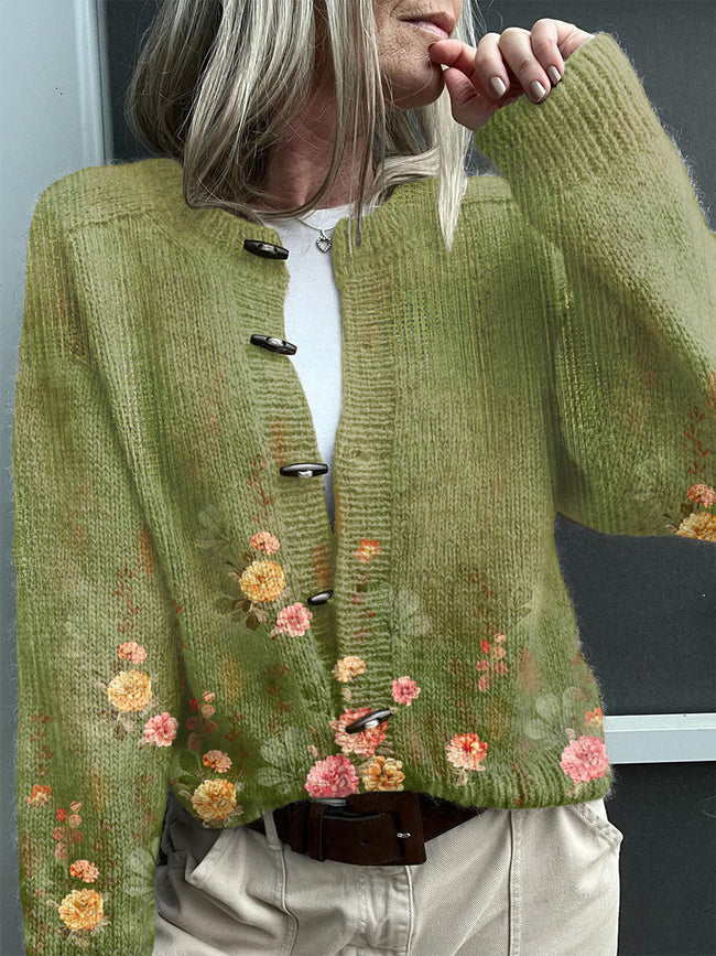 Vintage Botantical Print Buttoned Cardigan Sweater