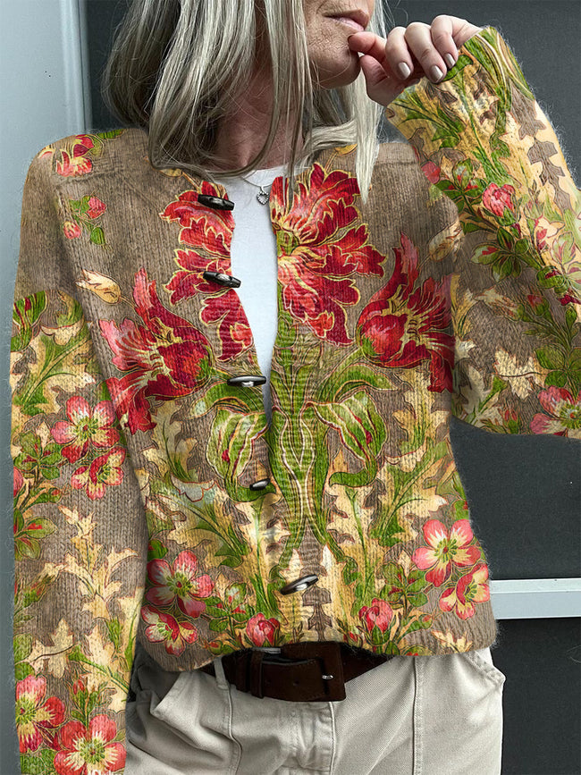 Vintage Botantical Print Buttoned Cardigan Sweater