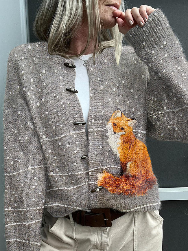 Vintage Fox Print Buttoned Cardigan Sweater