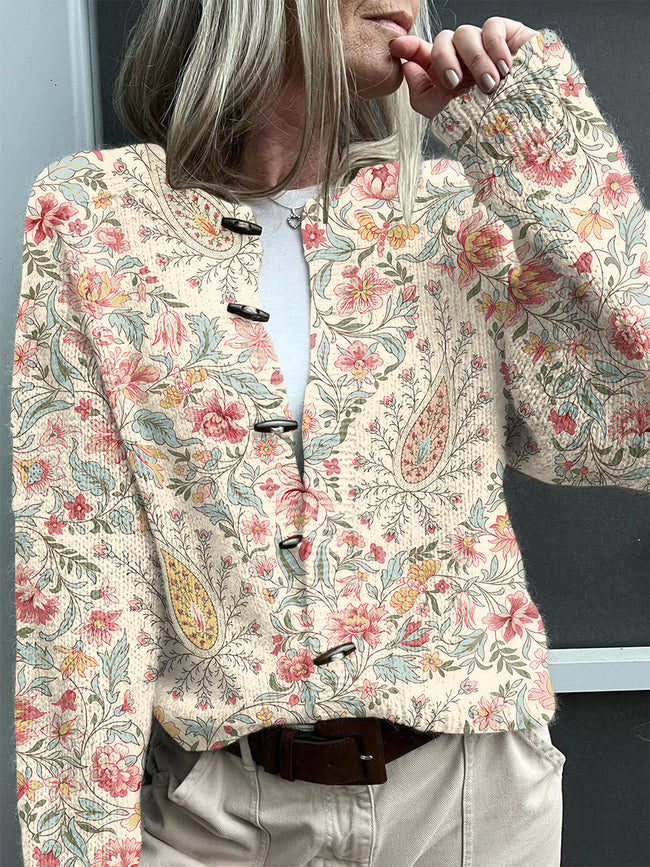 Vintage Botantical Print Buttoned Cardigan Sweater