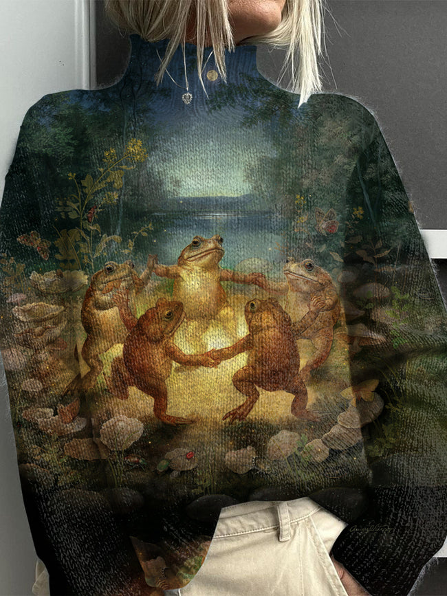 Vintage Frog Print Knit Turtleneck Pullover Sweater