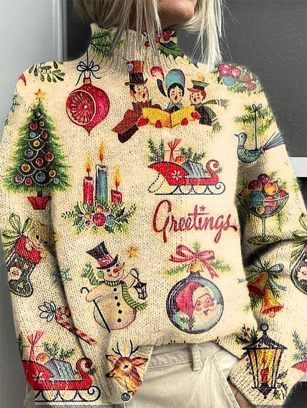 Vintage Christmas Print Knit Turtleneck Pullover Sweater