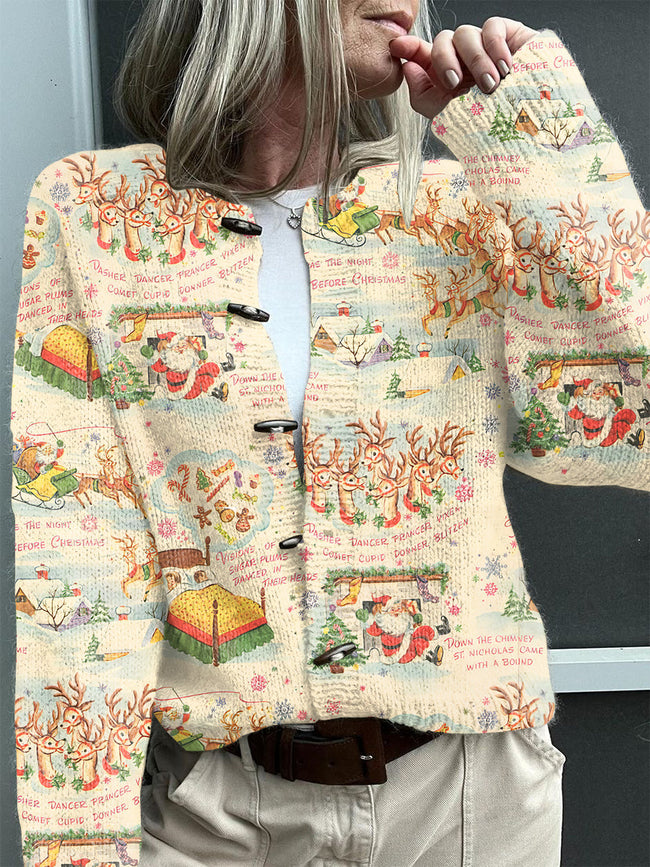 Vintage Christmas Print Buttoned Cardigan Sweater