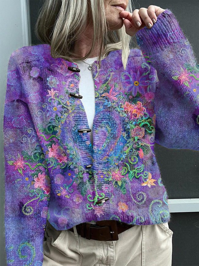 Vintage Botantical Print Buttoned Cardigan Sweater