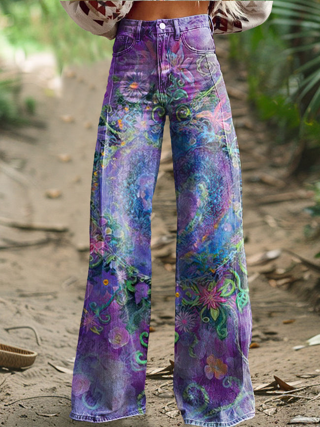 Women's Retro Botantical Print Casual Wide Leg Pants