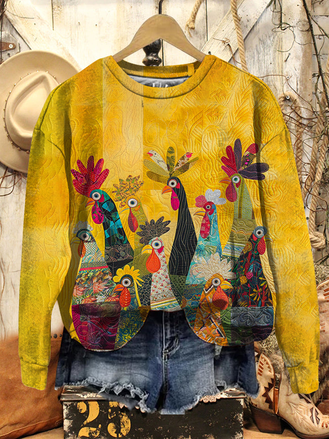 Retro Roosters Print Casual Sweatshirt