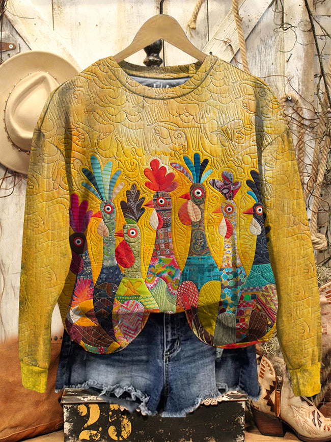 Retro Roosters Print Casual Sweatshirt