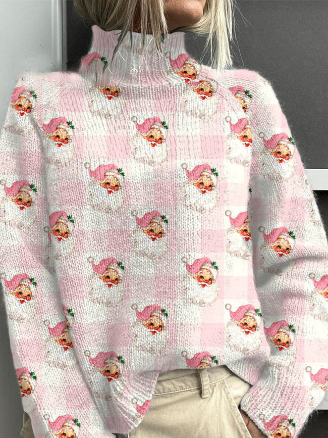 Vintage Santa Print Knit Turtleneck Pullover Sweater