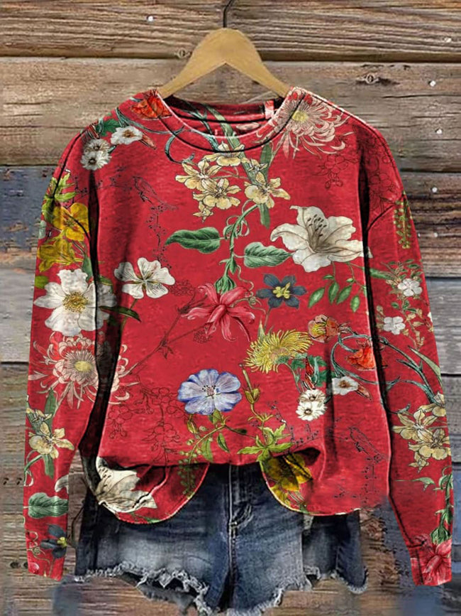 Retro Floral Art Print Casual Sweatshirt