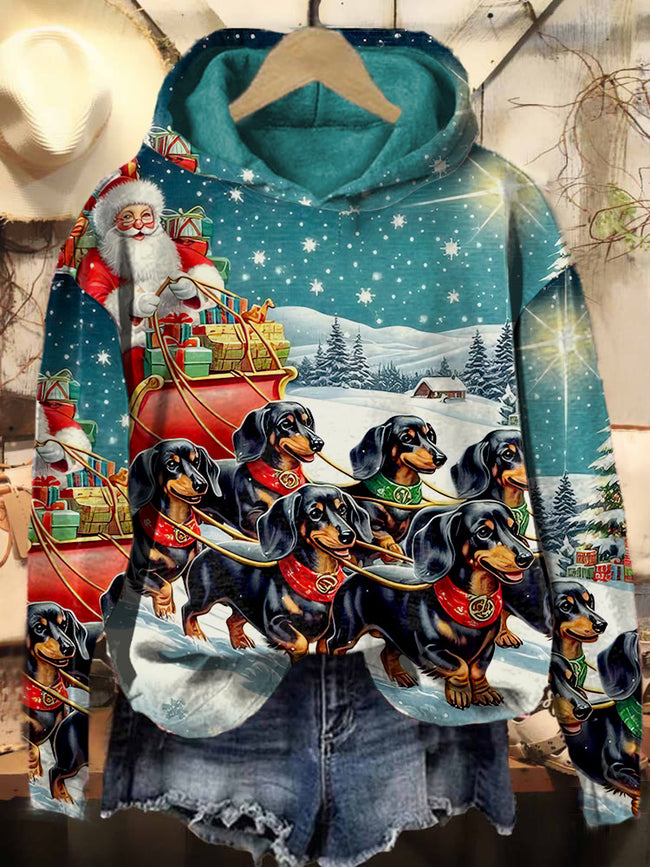 Vintage Santa and dog print casual sweatshirt hoodie