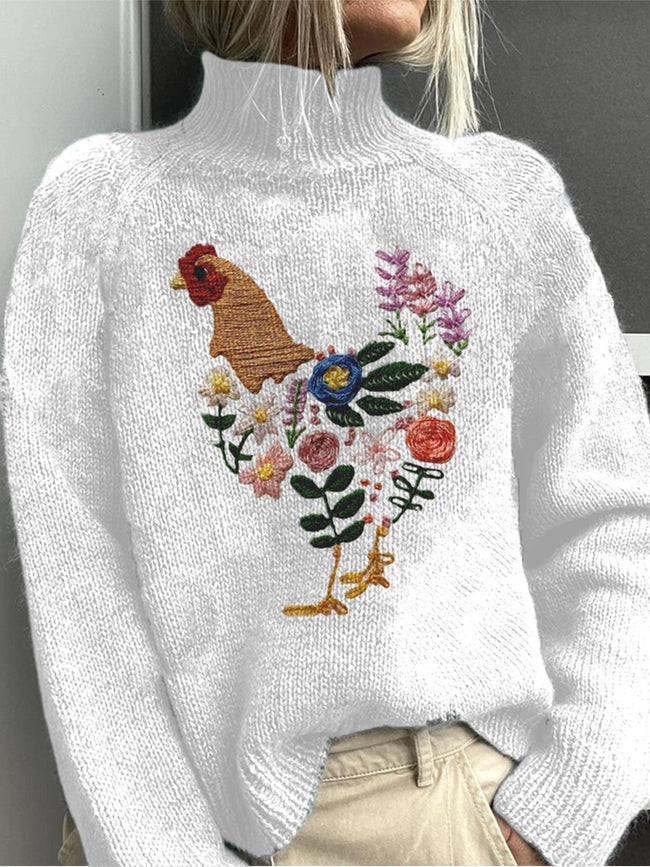 Vintage cartoon embroidery knitted turtleneck sweater