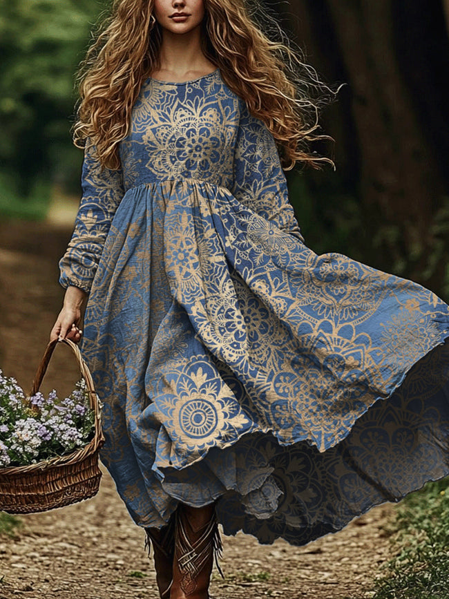 Women's Vintage Bohemian Mandala Print Long Sleeve Dress