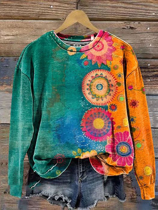 Retro Floral Art Print Casual Sweatshirt