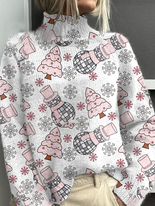 Retro Pink Disco Christmas Print Knit Turtleneck Pullover Sweater