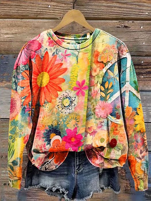 Retro Floral Art Print Casual Sweatshirt