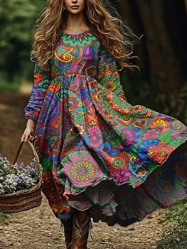 Women's Vintage Bohemian Mandala Print Long Sleeve Dress