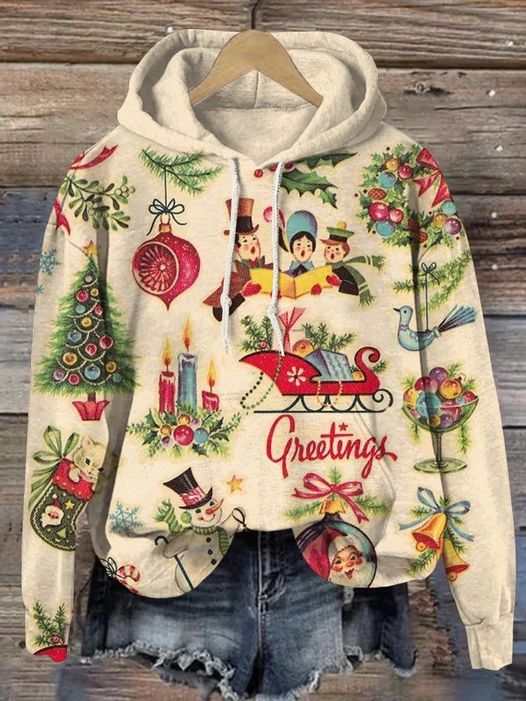 Vintage Christmas Pattern Art Print Casual Hoodie