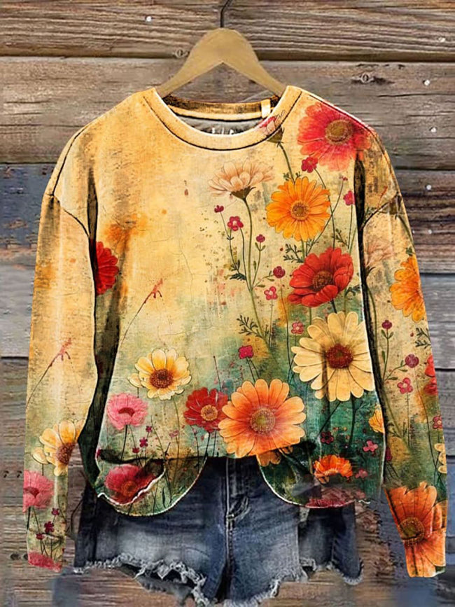 Retro Floral Art Print Casual Sweatshirt