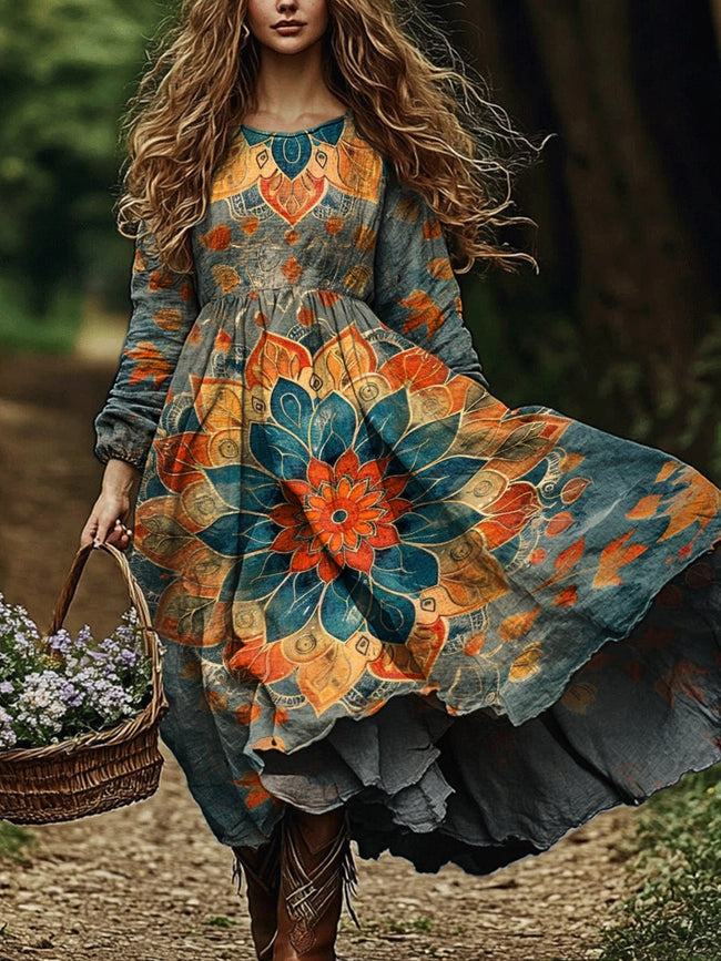 Women's Vintage Bohemian Mandala Print Casual Long Sleeve Dress