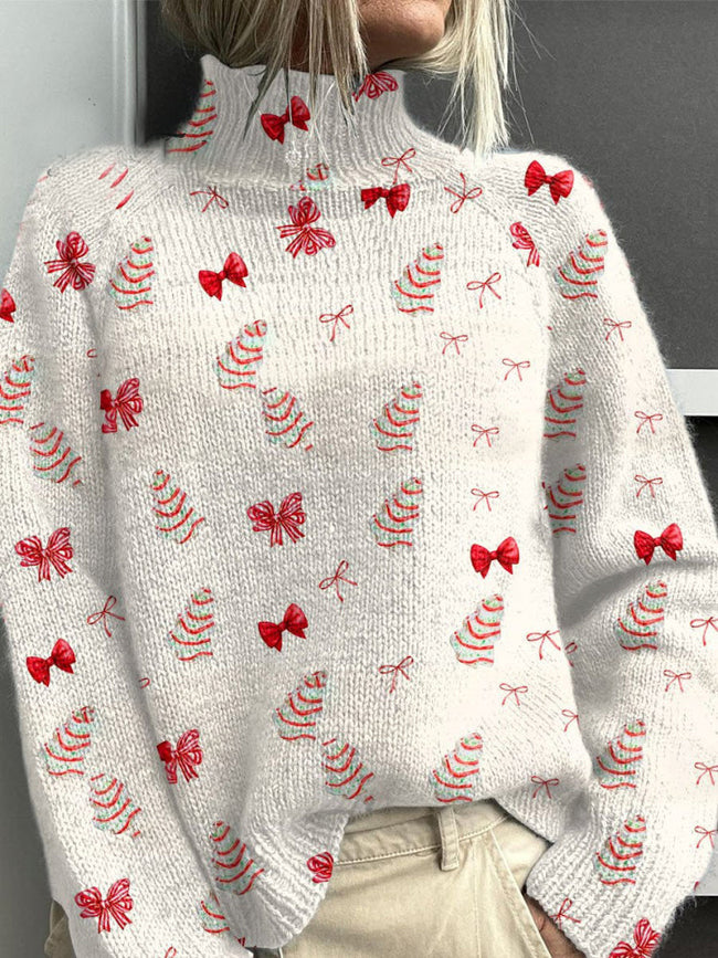 Christmas Tree Print Knit Turtleneck Pullover Sweater