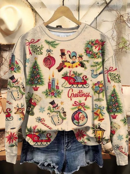 Retro Christmas Art Print Casual Sweatshirt