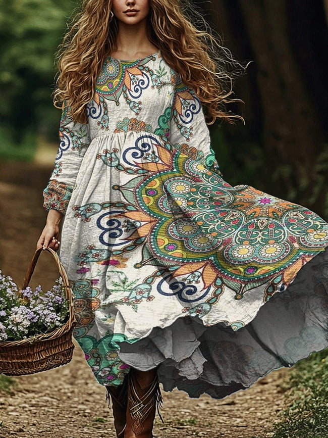 Women's Vintage Bohemian Mandala Print Casual Long Sleeve Dress