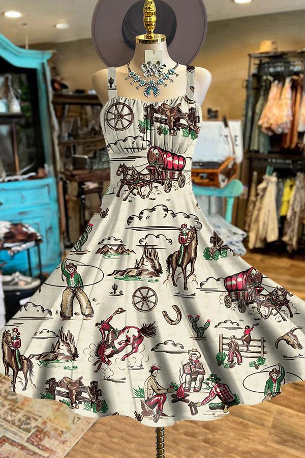 Vintage Western Cowboy Print Backless Dress