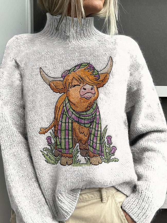 Vintage Highland Cow Print Knit Turtleneck Pullover Sweater