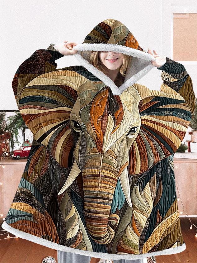 Retro Midnight Wanderer Elephant Print Oversize Flannel Hoodie Blanket