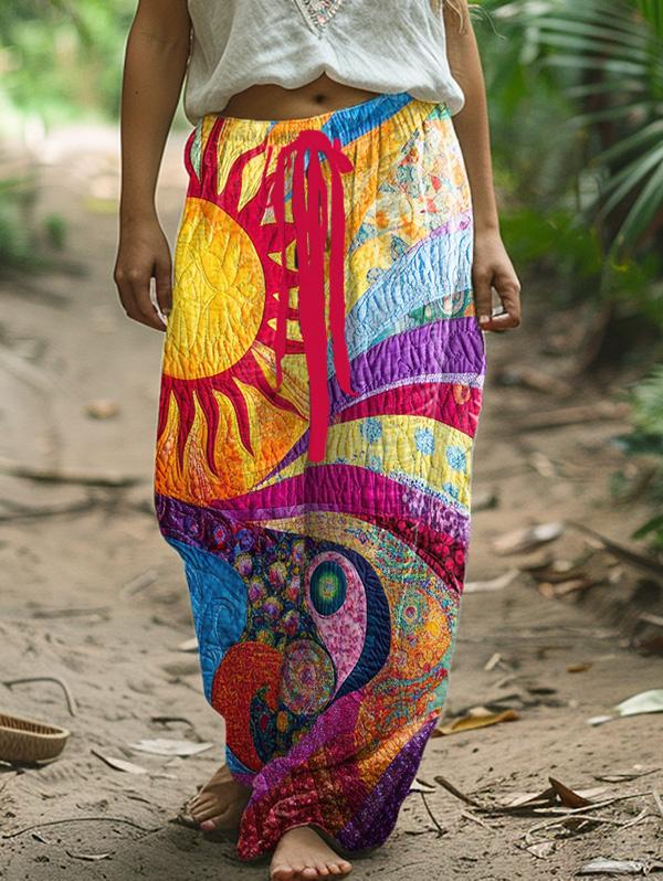 Colorful Sun Collage Abstract Art Print Drawstring Linen Pants