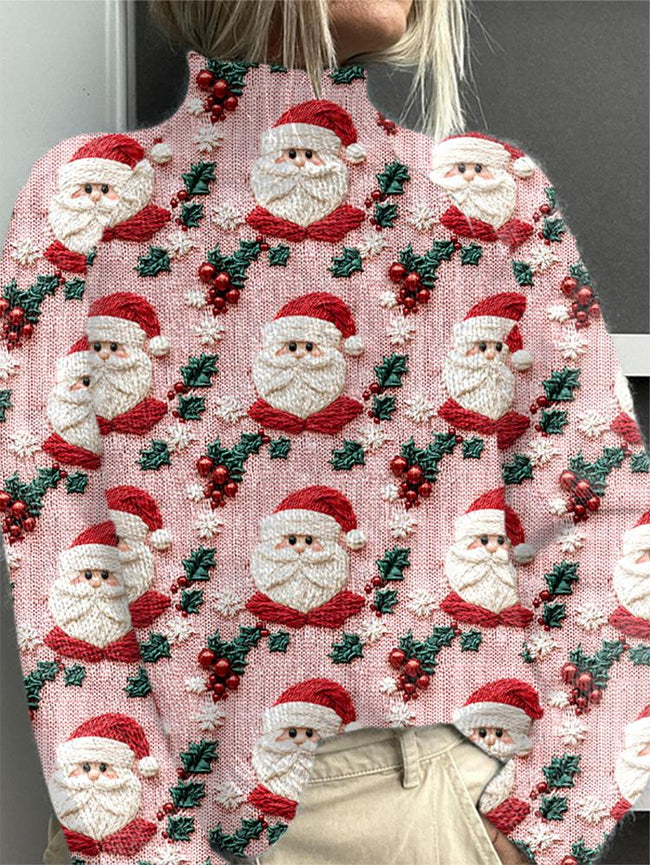 Vintage Santa Print Knit Turtleneck Sweater