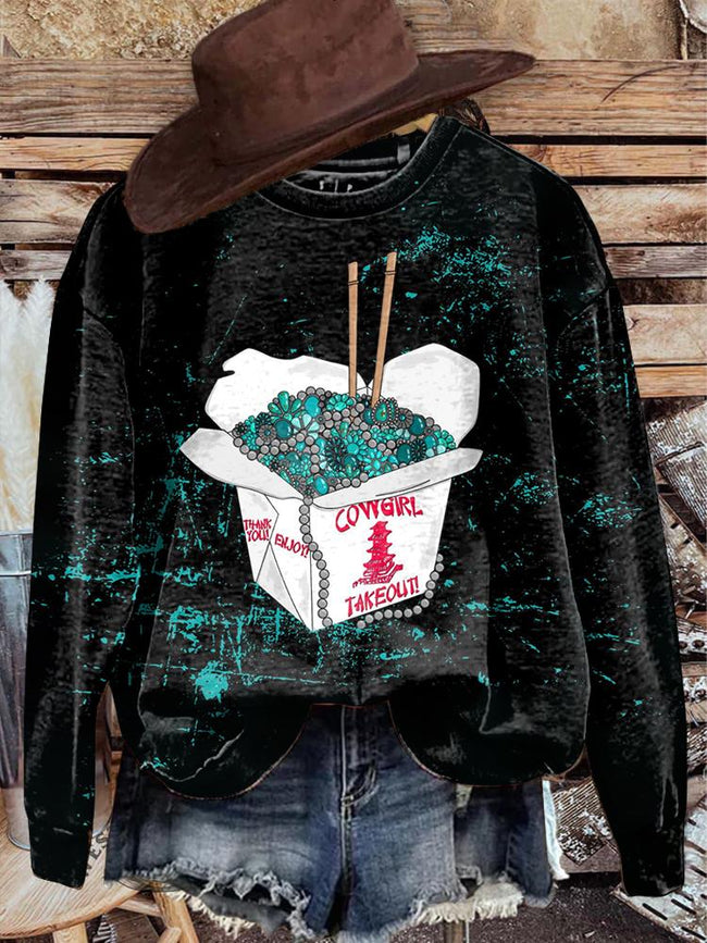 Vintage Western Cowgirl Takeout Print Casual Casual Sweatshirt