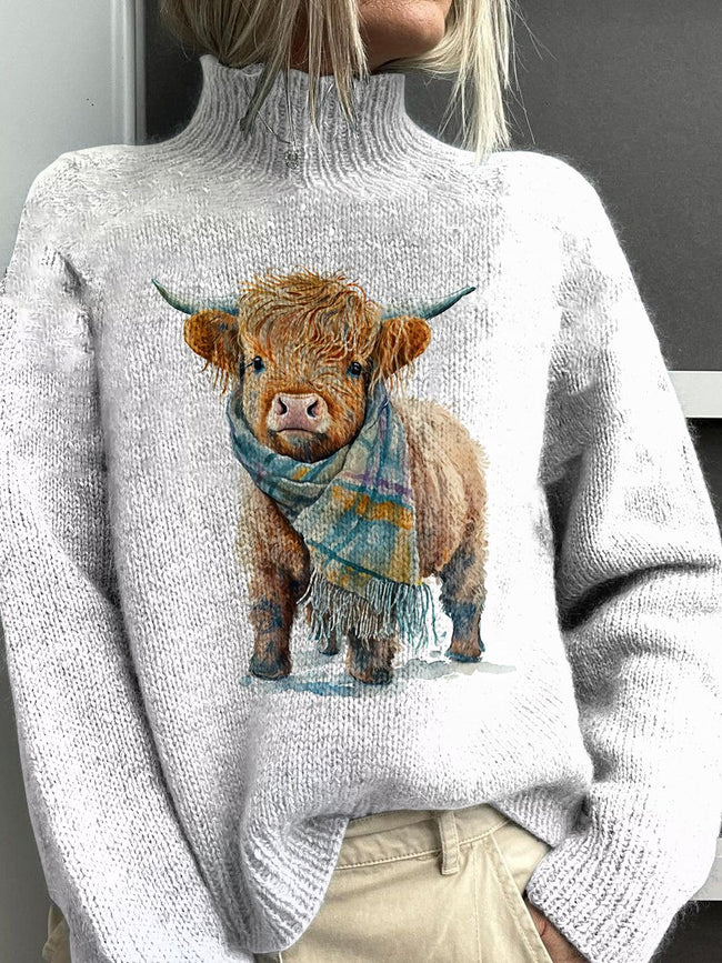 Vintage Highland Cow Print Knit Turtleneck Pullover Sweater