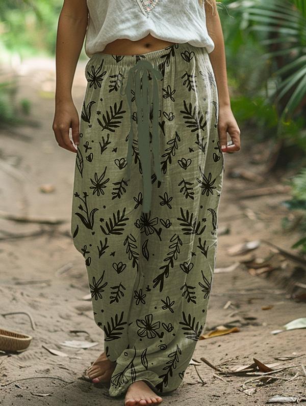 Plants Floral Print Drawstring Linen Pants