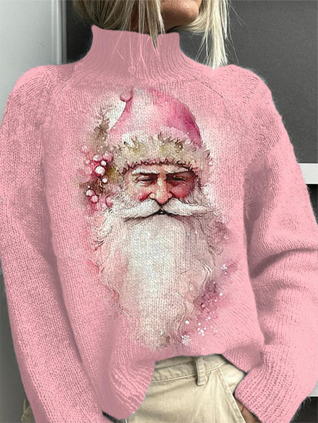 Vintage Santa Print Knit Turtleneck Sweater