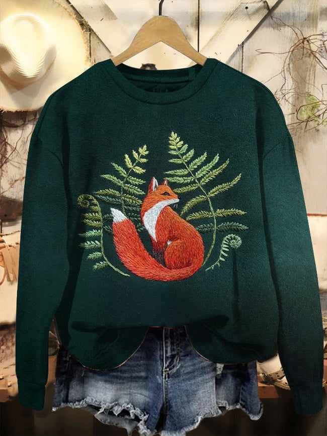 Vintage Fox Print Casual Casual Sweatshirt