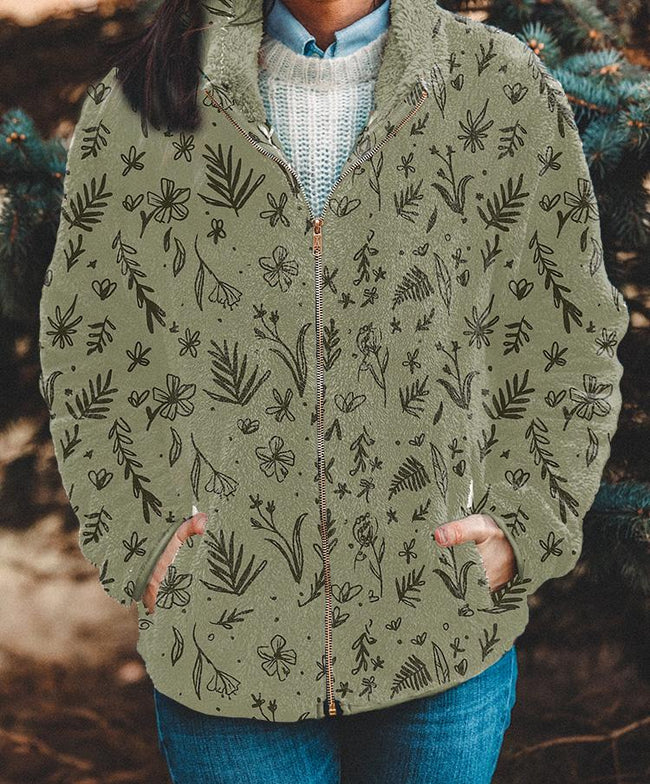 Vintage Plant Print Casual Flannel Coat