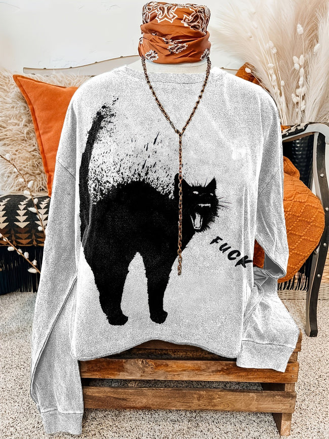 A Cat Yelling Fuck Print Casual Sweatshirt