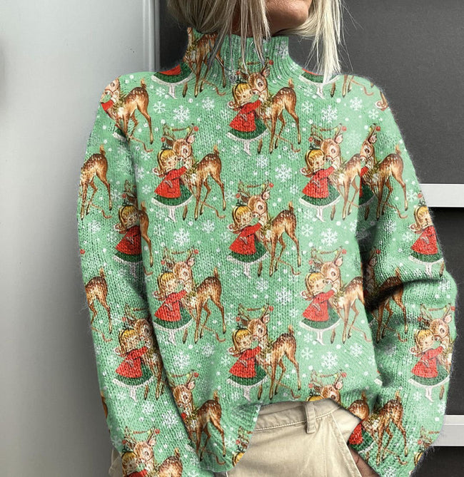 Vintage Christmas Deer Art Print Knit Turtleneck Pullover Sweater