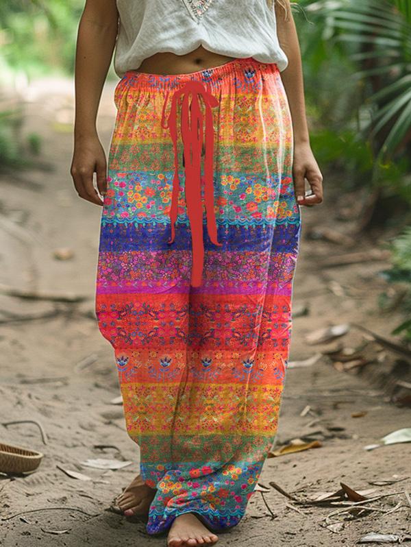 Colorful Stripes Floral Print Drawstring Linen Pants