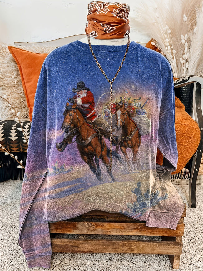 Vintage Santa Cowboy Print Casual Sweatshirt