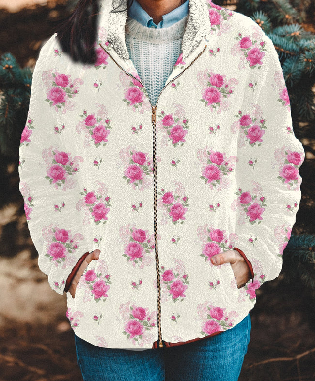 Watercolor French Rose Repeat Print Casual Flannel Coat