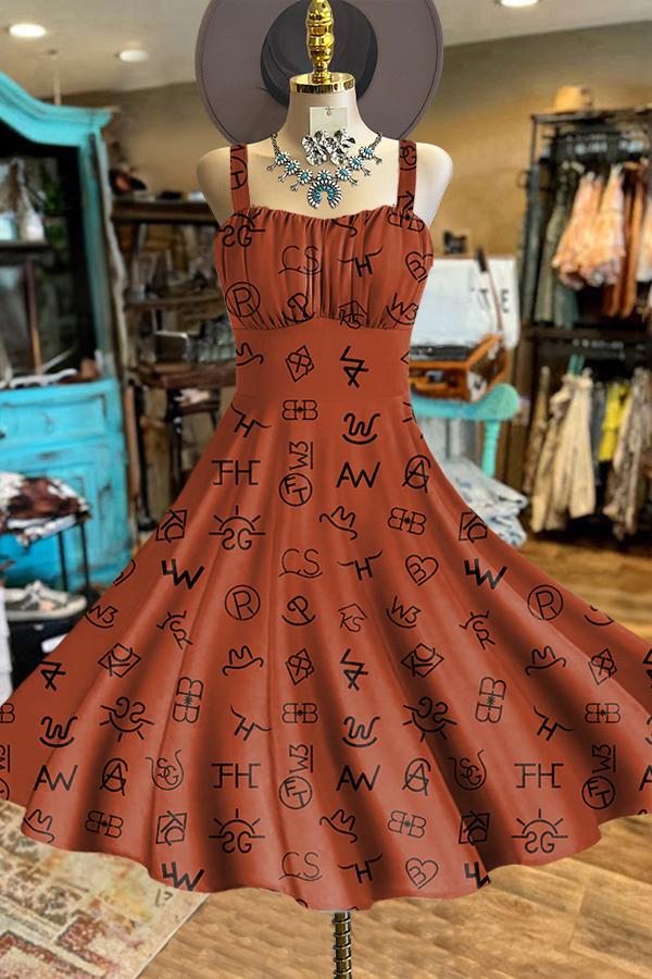 Vintage Western Print Backless Dress