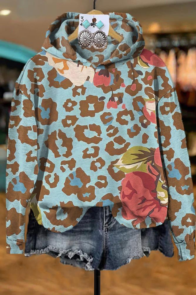 Vintage Western Blue Pink Leopard Print Casual Sweatshirt Hoodie