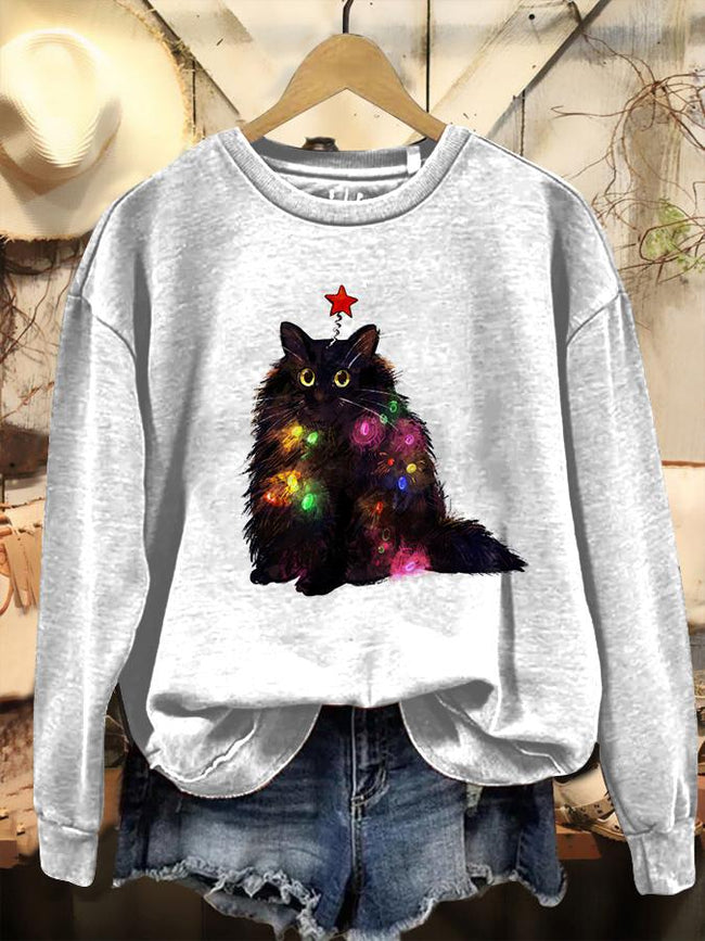 Vintage Christmas Cute Cat Print Casual Casual Sweatshirt