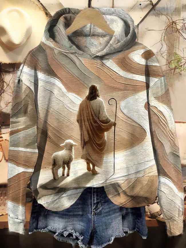 Vintage Jesus and Lamb Print Casual Sweatshirt Hoodie