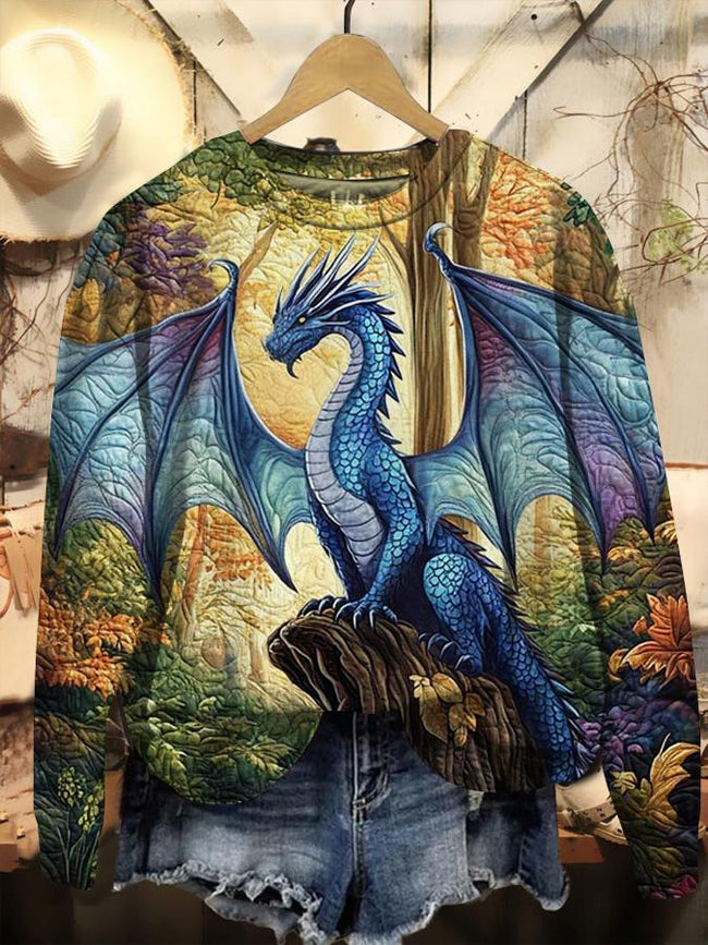 Retro Sapphire Flight Dragon Print Casual Sweatshirt