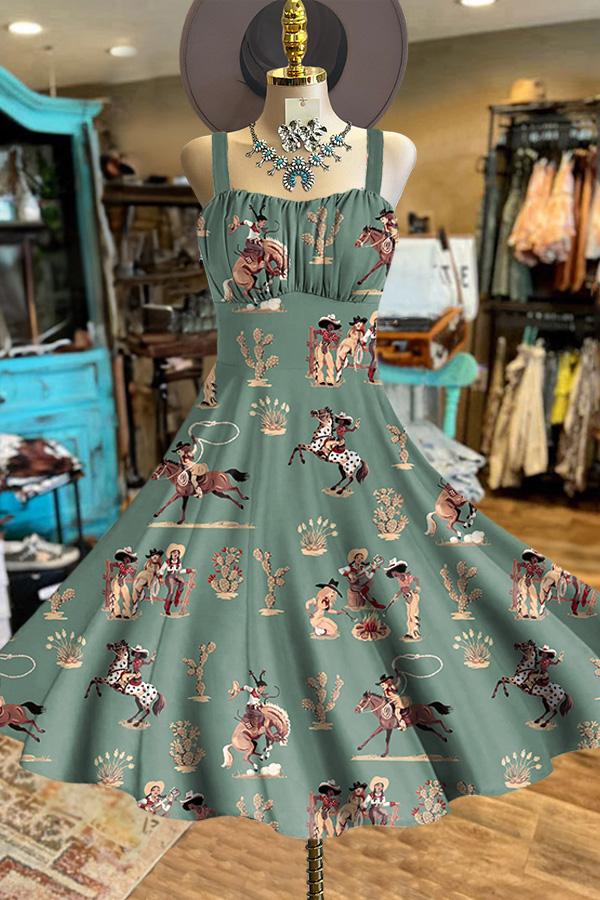 Vintage Western Cowgirl Print Backless Dress