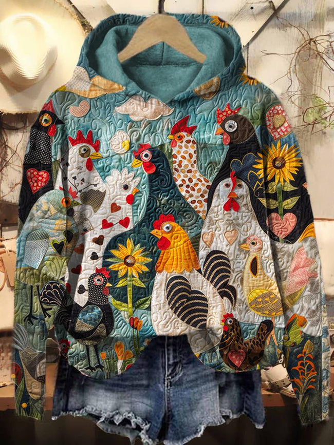 Vintage Feathered Garden Chicken Print Casual Sweatshirt Hoodie