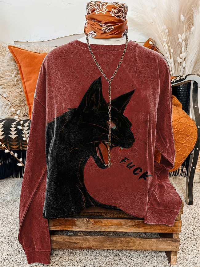 A Cat Yelling Fuck Print Casual Sweatshirt